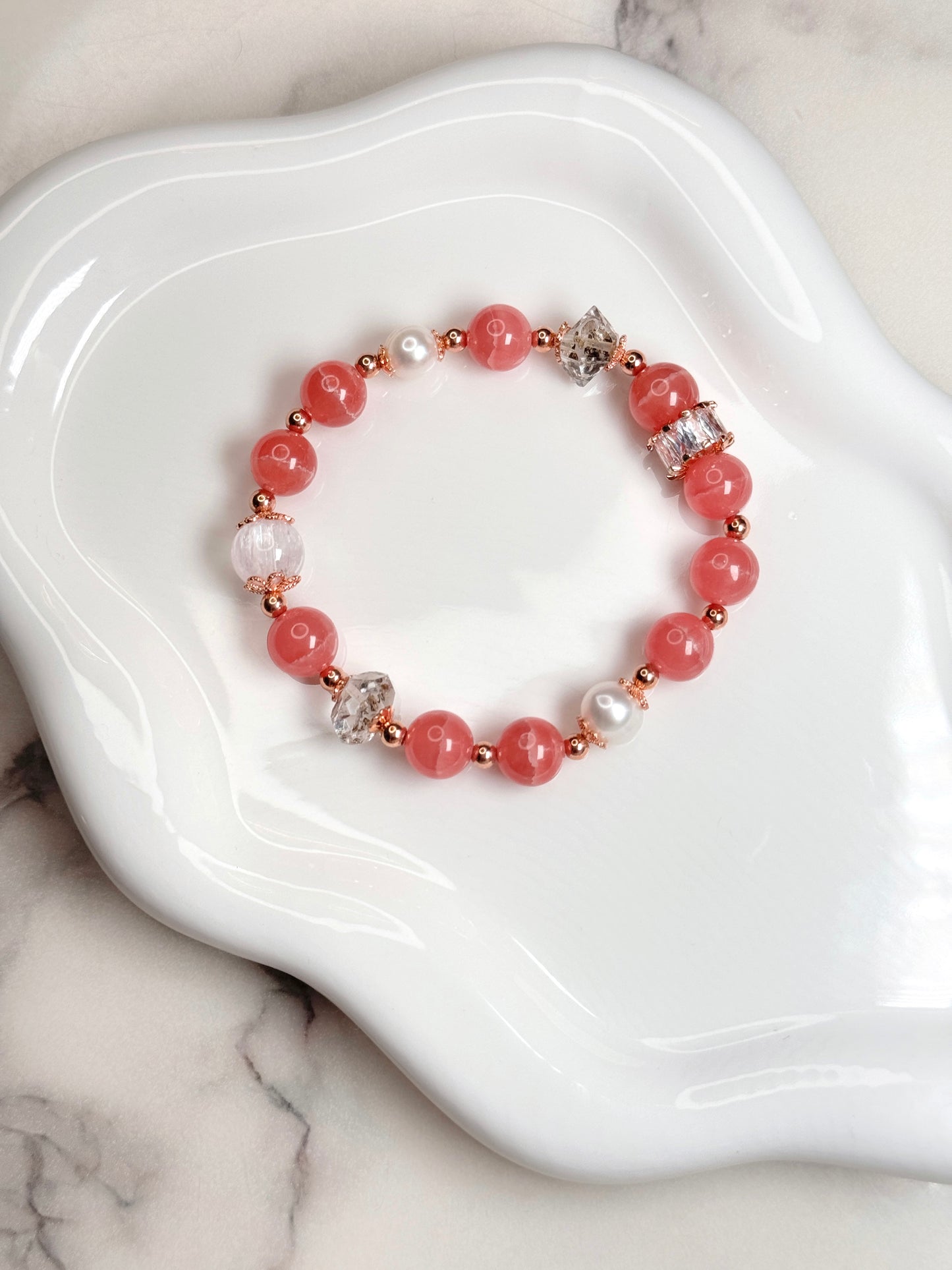 Rhodochrosite Pearl Herkimer Diamond Bracelace