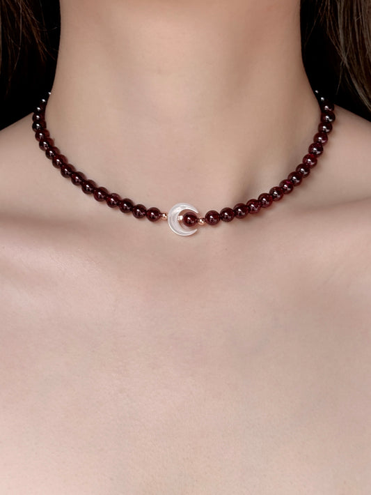 New Moon Garnet Necklace with Mother of Pearl Moon