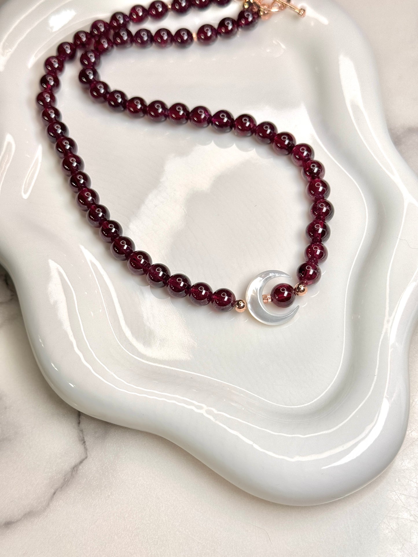 New Moon Garnet Necklace with Mother of Pearl Moon