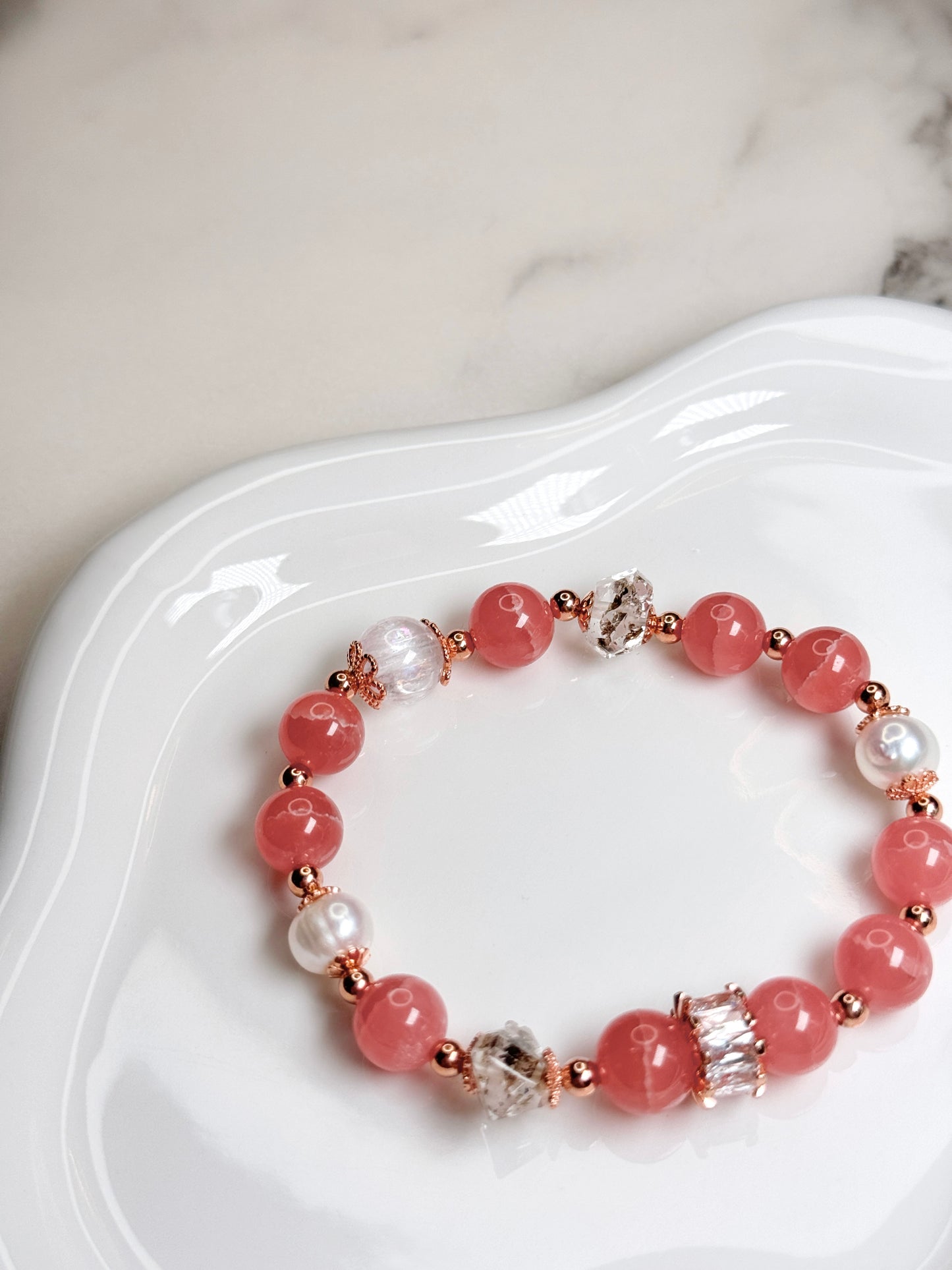 Rhodochrosite Pearl Herkimer Diamond Bracelace