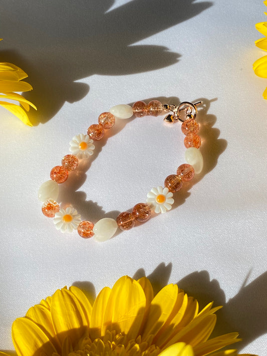 High Quality Oligoclase Sunstone with Flower Mother of Pearl Bracelet