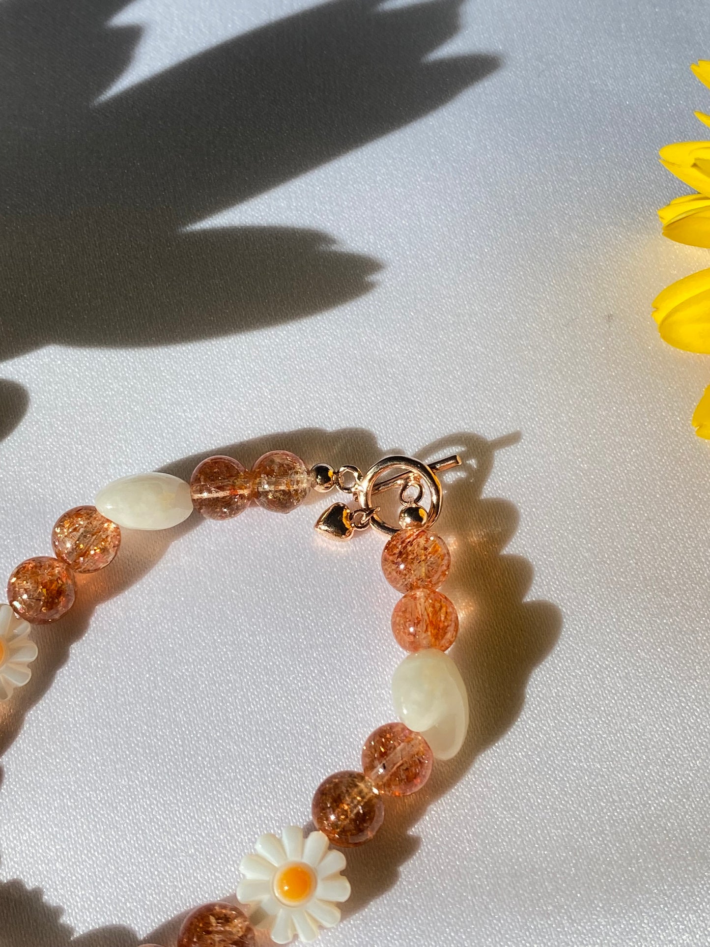 High Quality Oligoclase Sunstone with Flower Mother of Pearl Bracelet