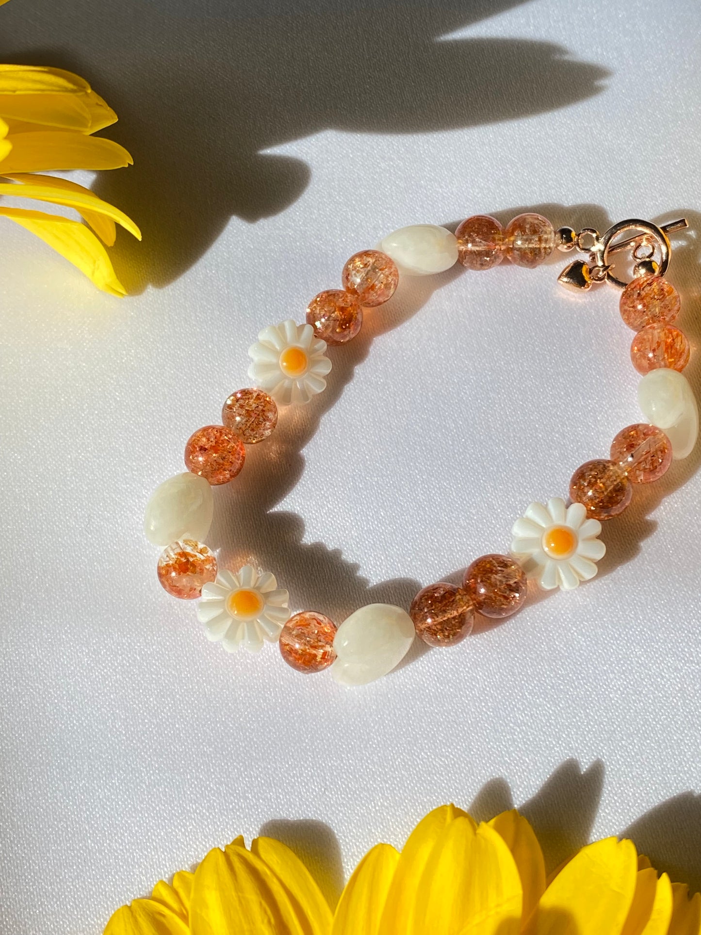 High Quality Oligoclase Sunstone with Flower Mother of Pearl Bracelet