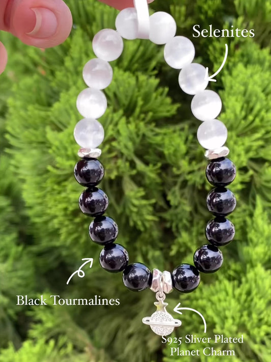 Selenite & Black Tourmaline Bracelet