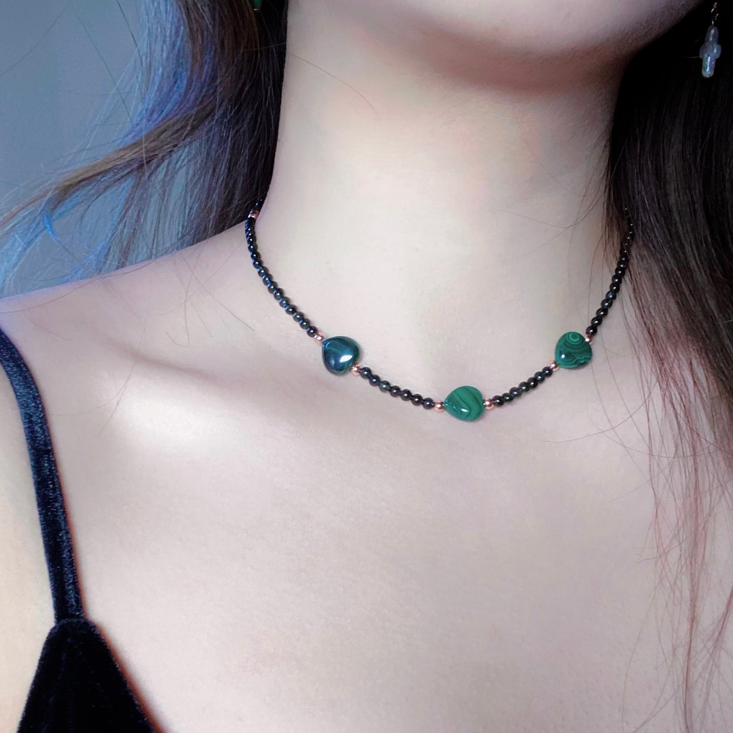 Green & Blue Tourmaline with Heart Shape Malachite Necklace