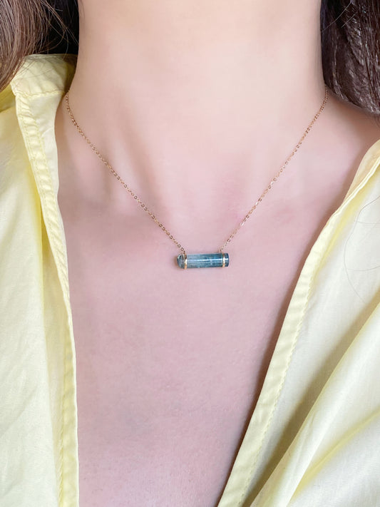 Precious Rare Paraiba Tourmaline Horizontal Gold Bar Necklace